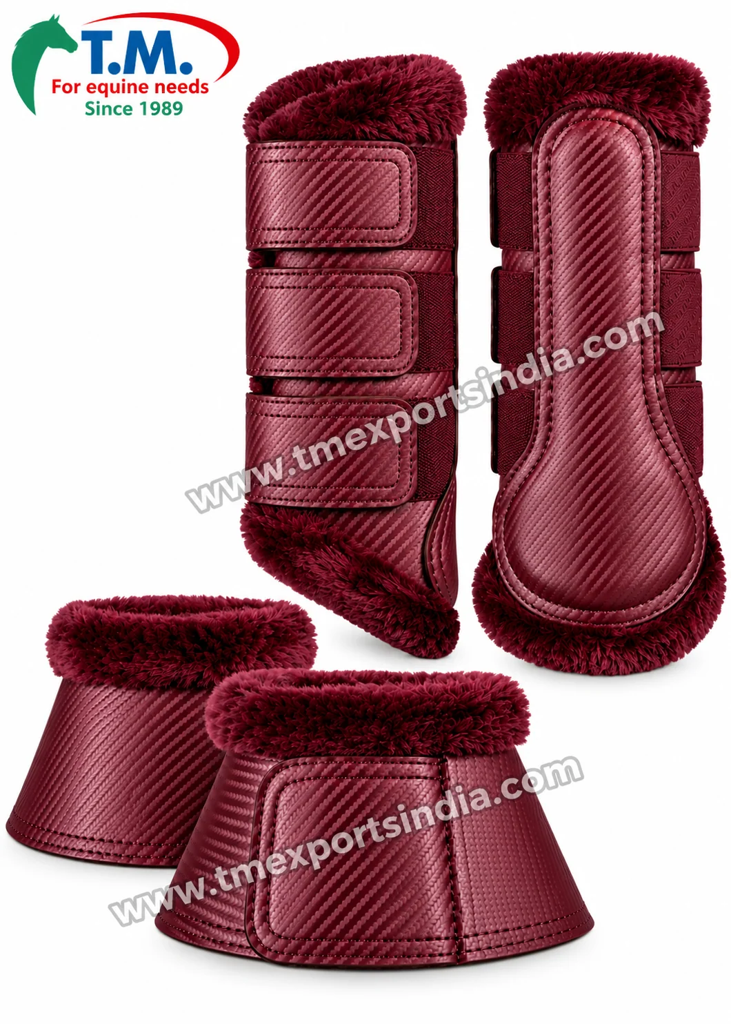 Burgundy Fleece-Trim Horse Boot and Bell Boot Set in burgundy, matching tall protective boots and bell boots with plush trim and textured outer panels – T.M. Exports India wholesale equestrian catalogue