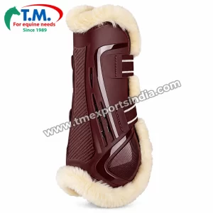 Burgundy Fleece-Trim Horse Tendon Boot in burgundy, contoured outer shell, cream plush trim and adjustable fastening straps – T.M. Exports India wholesale equestrian catalogue
