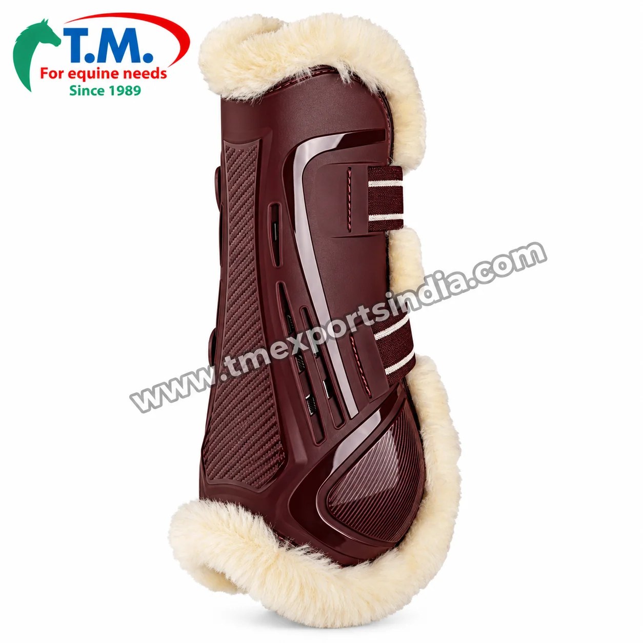 Burgundy Fleece-Trim Horse Tendon Boot in burgundy, contoured outer shell, cream plush trim and adjustable fastening straps – T.M. Exports India wholesale equestrian catalogue
