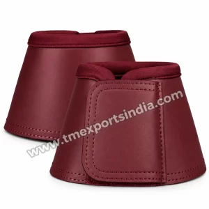 Burgundy Classic Horse Bell Boots in burgundy, smooth exterior, stitched edges and wide fastening tab – T.M. Exports India wholesale equestrian catalogue