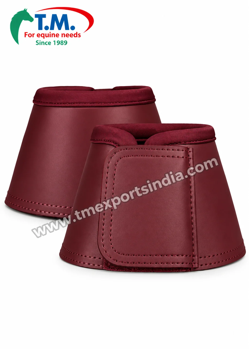 Burgundy Classic Horse Bell Boots in burgundy, smooth exterior, stitched edges and wide fastening tab – T.M. Exports India wholesale equestrian catalogue