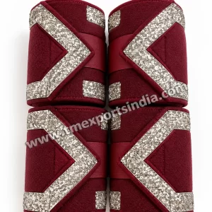 Burgundy Horse Leg Wraps with Glitter Chevron Straps in burgundy, soft-textured wrap body and sparkling chevron-style fastening panels – T.M. Exports India wholesale equestrian catalogue