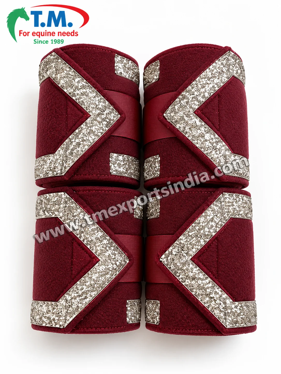 Burgundy Horse Leg Wraps with Glitter Chevron Straps in burgundy, soft-textured wrap body and sparkling chevron-style fastening panels – T.M. Exports India wholesale equestrian catalogue
