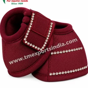 Burgundy Rhinestone-Trim Horse Bell Boots in burgundy, textured fabric outer, padded rim and decorative rhinestone detailing – T.M. Exports India wholesale equestrian catalogue