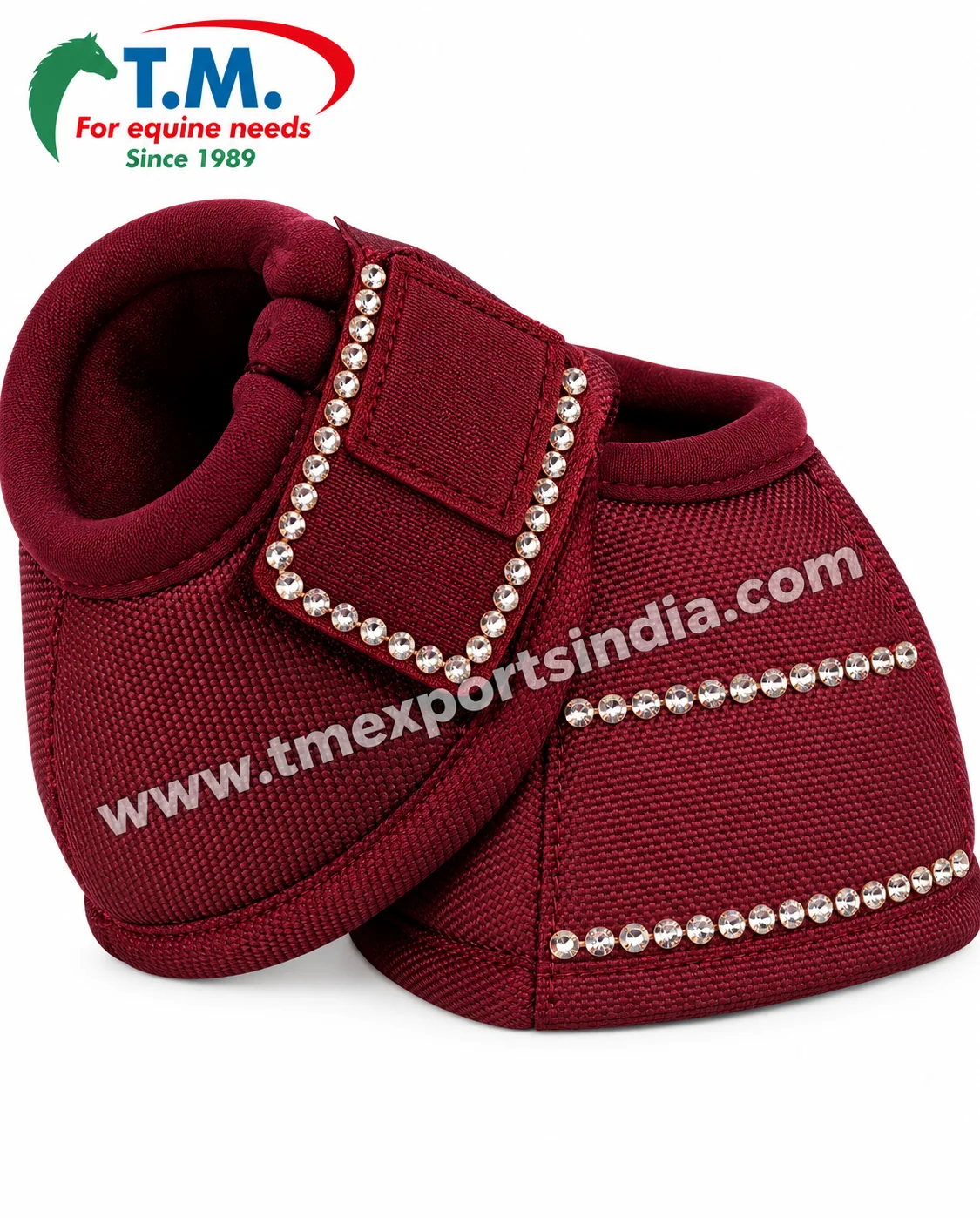 Burgundy Rhinestone-Trim Horse Bell Boots in burgundy, textured fabric outer, padded rim and decorative rhinestone detailing – T.M. Exports India wholesale equestrian catalogue
