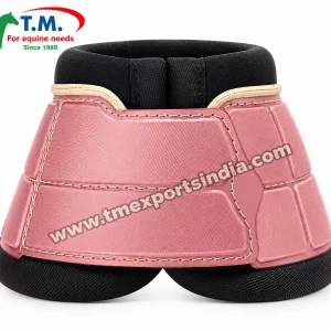 Dusty Pink Horse Bell Boots with Black Trim in dusty pink, panelled pink outer, contrasting black trim and adjustable fastening – T.M. Exports India wholesale equestrian catalogue
