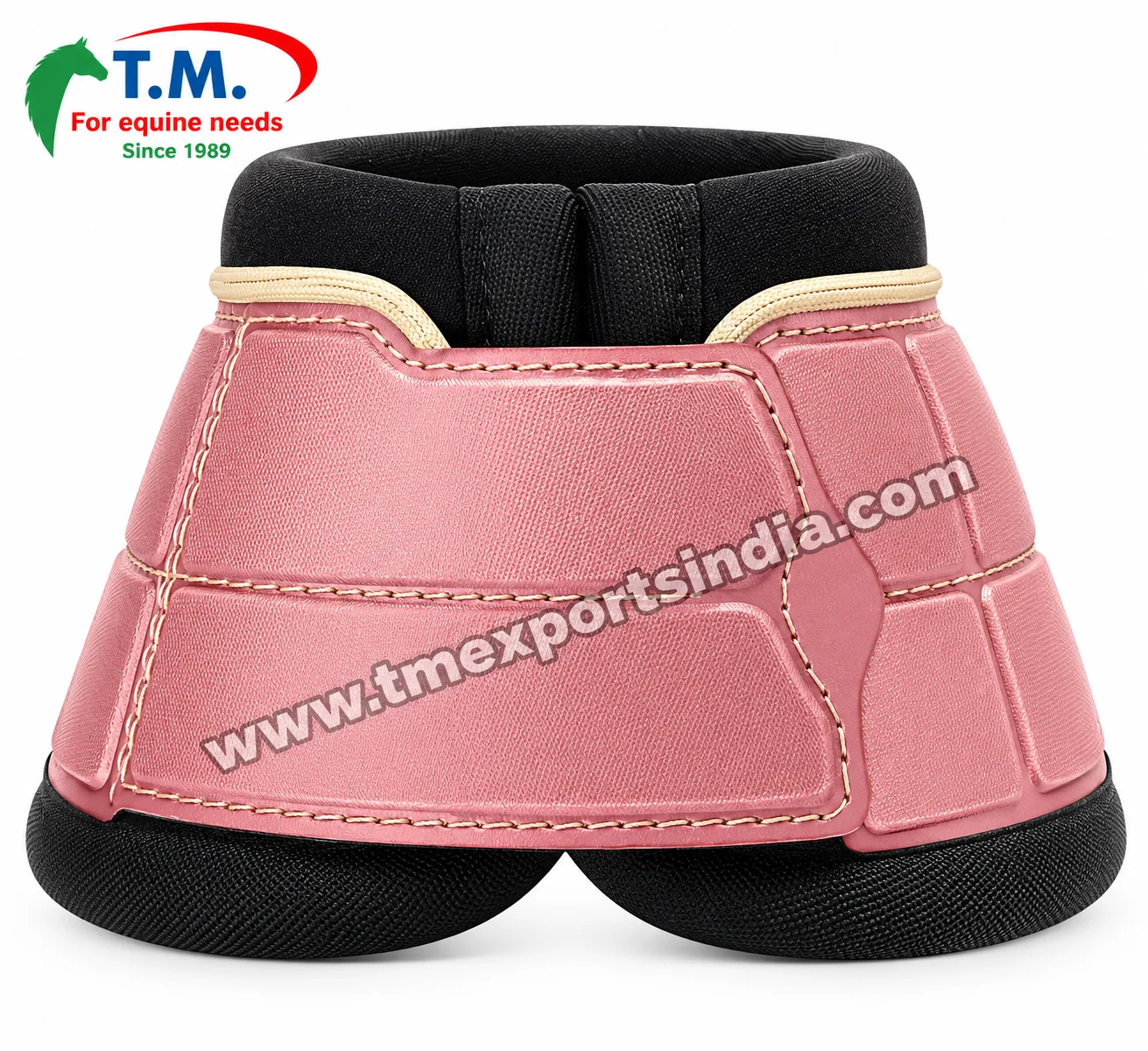 Dusty Pink Horse Bell Boots with Black Trim in dusty pink, panelled pink outer, contrasting black trim and adjustable fastening – T.M. Exports India wholesale equestrian catalogue