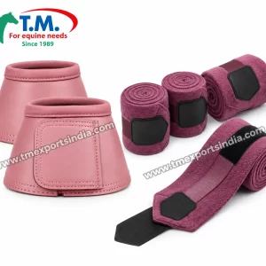 Dusty Rose Horse Bell Boots and Fleece Leg Wrap Set in dusty rose, coordinated bell boots and rolled fleece-style leg wraps with fastening tabs – T.M. Exports India wholesale equestrian catalogue