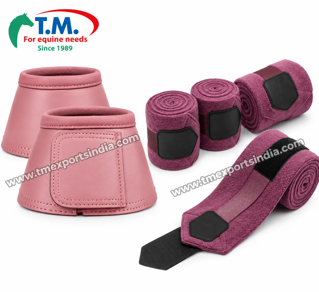 Dusty Rose Horse Bell Boots and Fleece Leg Wrap Set in dusty rose, coordinated bell boots and rolled fleece-style leg wraps with fastening tabs – T.M. Exports India wholesale equestrian catalogue
