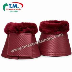 Maroon Plush-Cuff Horse Bell Boots in maroon, diagonal-textured outer surface, plush top trim and wide fastening tab – T.M. Exports India wholesale equestrian catalogue