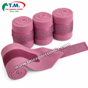 Mauve Glitter-Trim Horse Exercise Bandages in mauve pink, rolled soft-textured bandages with glitter-effect fastening straps – T.M. Exports India wholesale equestrian catalogue