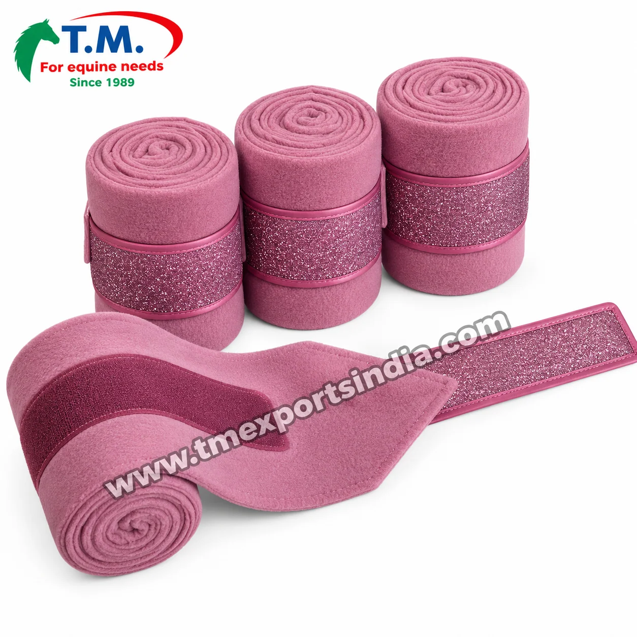 Mauve Glitter-Trim Horse Exercise Bandages in mauve pink, rolled soft-textured bandages with glitter-effect fastening straps – T.M. Exports India wholesale equestrian catalogue