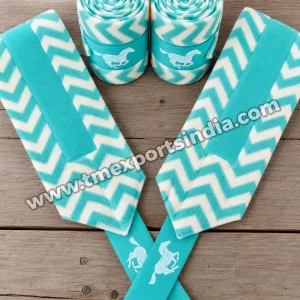 Mint and White Chevron Horse Leg Wraps in mint and white, chevron-patterned fabric and matching wide fastening straps – T.M. Exports India wholesale equestrian catalogue
