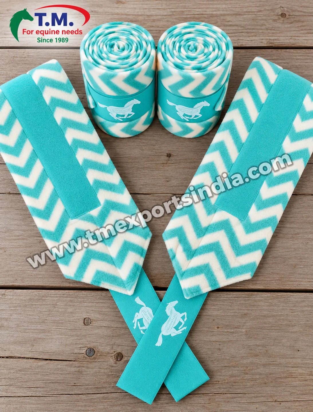 Mint and White Chevron Horse Leg Wraps in mint and white, chevron-patterned fabric and matching wide fastening straps – T.M. Exports India wholesale equestrian catalogue