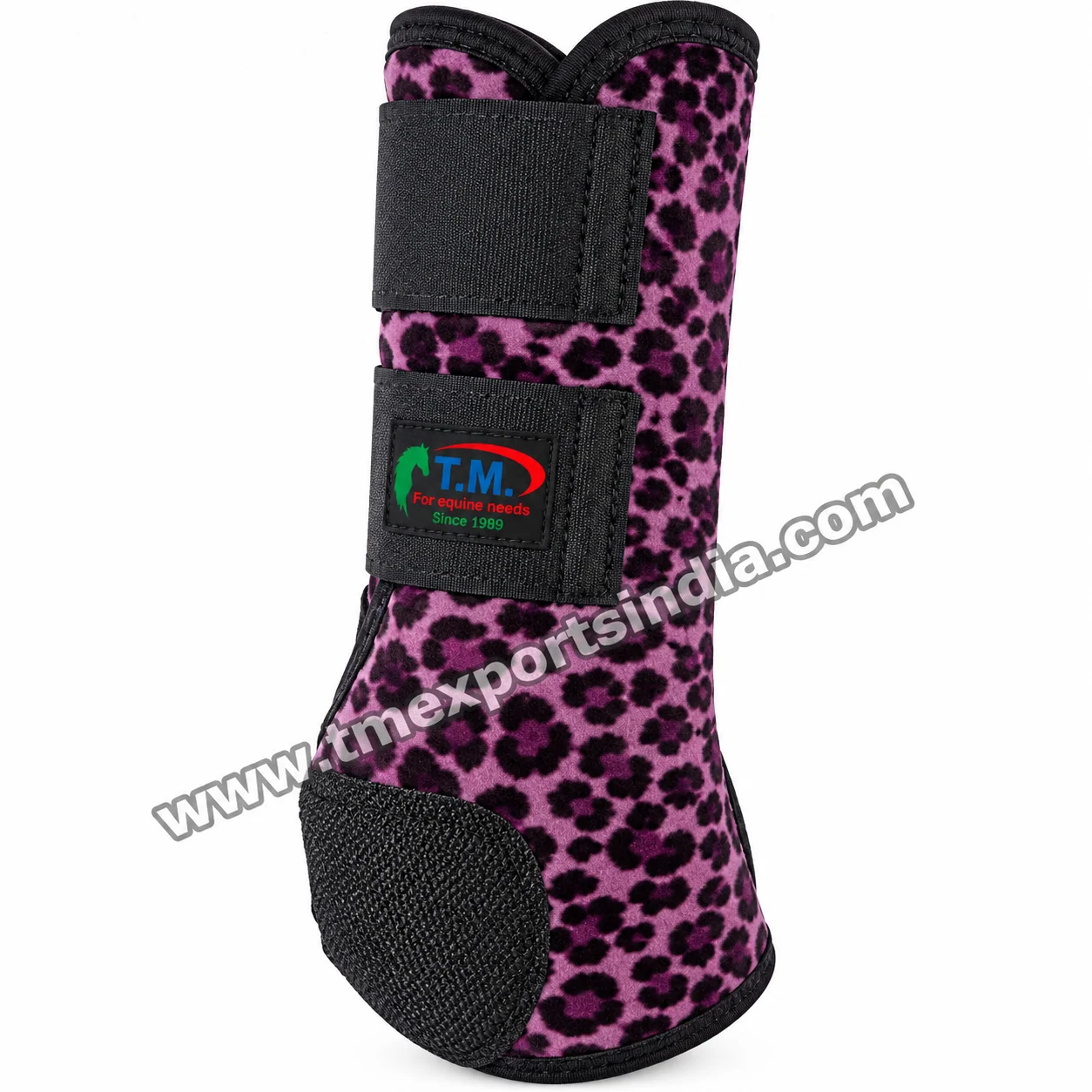 Plum Leopard Print Horse Brushing Boot in plum and black, animal-print exterior, black edge binding, two fastening straps and textured lower panel – T.M. Exports India wholesale equestrian catalogue