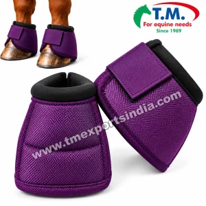 Purple Horse Bell Boots with Padded Rim in purple, textured purple exterior, black padded rim and adjustable closure – T.M. Exports India wholesale equestrian catalogue