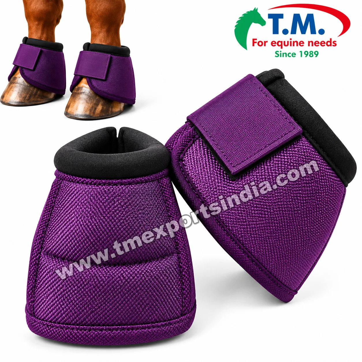 Purple Horse Bell Boots with Padded Rim in purple, textured purple exterior, black padded rim and adjustable closure – T.M. Exports India wholesale equestrian catalogue