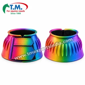 Rainbow Colour Horse Bell Boots in rainbow multicolour, bright gradient exterior, raised surface detailing and double fastening straps – T.M. Exports India wholesale equestrian catalogue