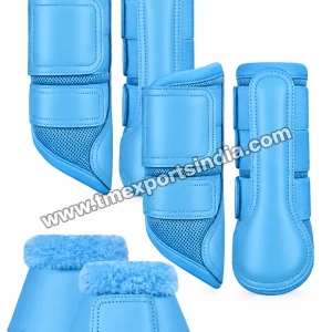 Sky Blue Horse Protective Boots and Bell Boot Set in sky blue, coordinated long protective boots with mesh-look panels and matching plush-trim bell boots – T.M. Exports India wholesale equestrian catalogue