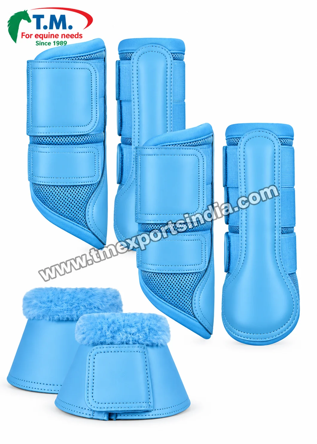 Sky Blue Horse Protective Boots and Bell Boot Set in sky blue, coordinated long protective boots with mesh-look panels and matching plush-trim bell boots – T.M. Exports India wholesale equestrian catalogue