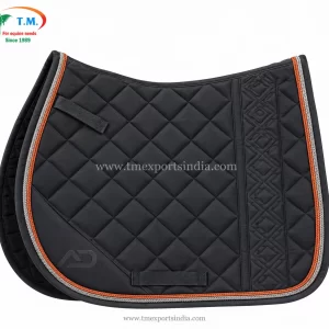 Charcoal all-purpose saddle pad with diamond quilting, orange and silver rope piping, and patterned side panel.