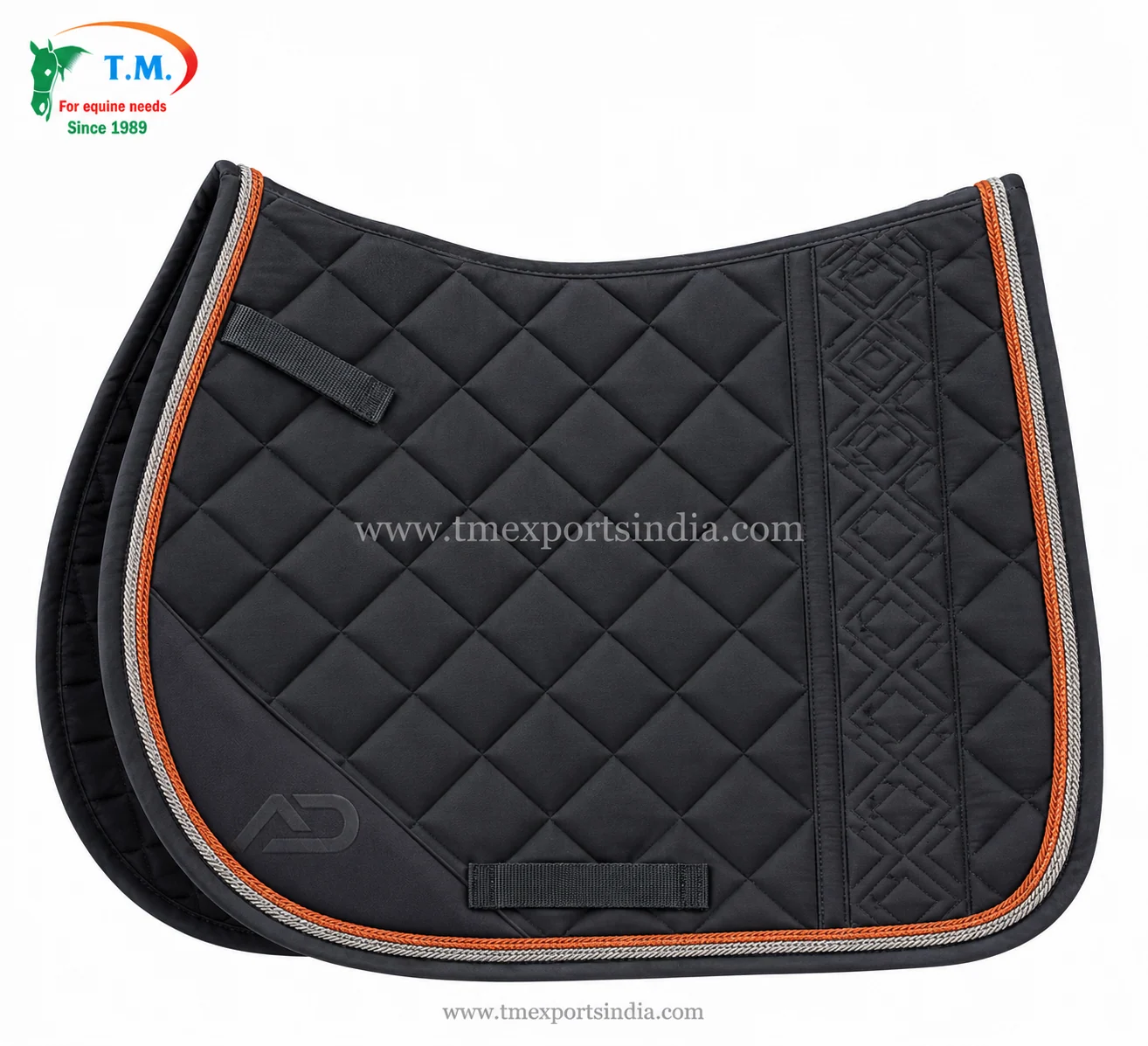 Charcoal all-purpose saddle pad with diamond quilting, orange and silver rope piping, and patterned side panel.
