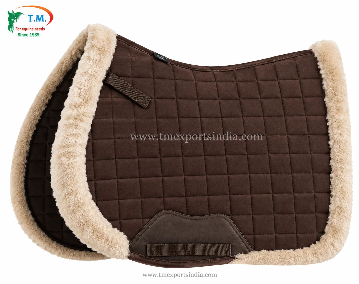 Brown quilted saddle pad with square stitching, cream plush edge trim, and girth strap.