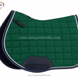 Emerald green square-quilted saddle pad with navy binding, white piping, and girth patch.