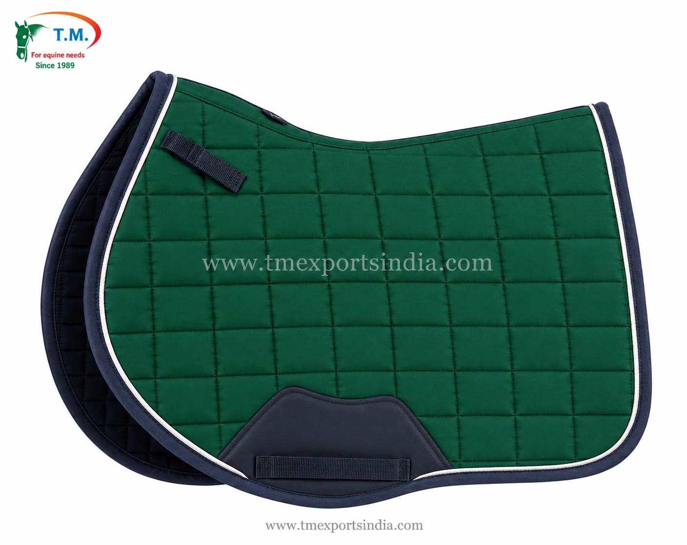 Emerald green square-quilted saddle pad with navy binding, white piping, and girth patch.