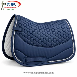 Navy blue all-purpose saddle pad with hexagonal quilting, curved lower panel, and silver-colored piping.