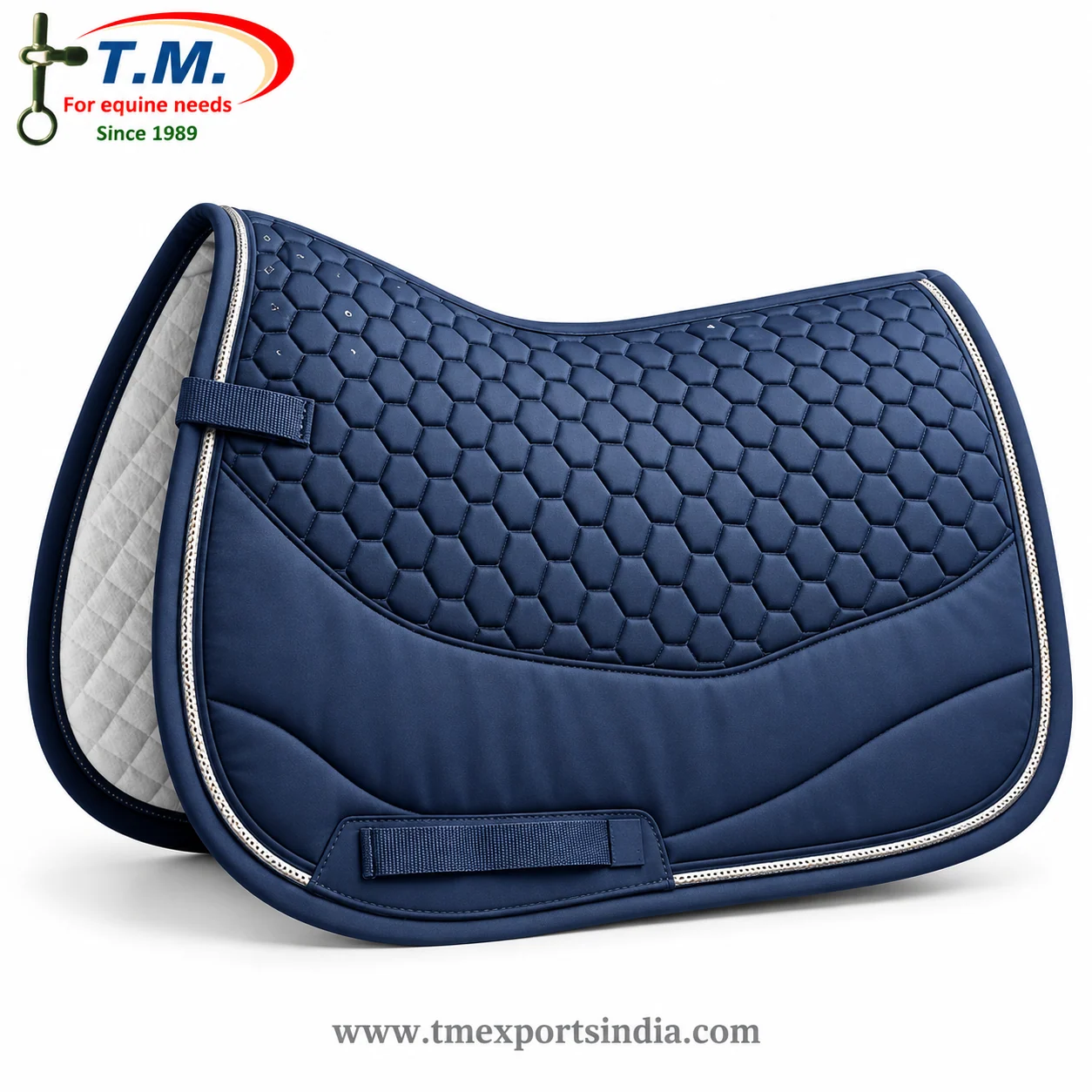 Navy blue all-purpose saddle pad with hexagonal quilting, curved lower panel, and silver-colored piping.