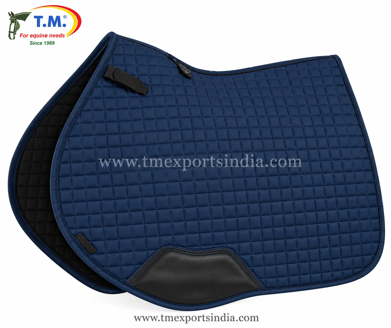 Navy blue saddle pad with fine square quilting, dark reinforced girth patch, and curved lower edge.