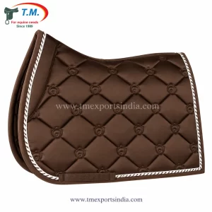 Chocolate brown dressage-cut saddle pad with large diamond quilting, stitched motifs, and white decorative braid.