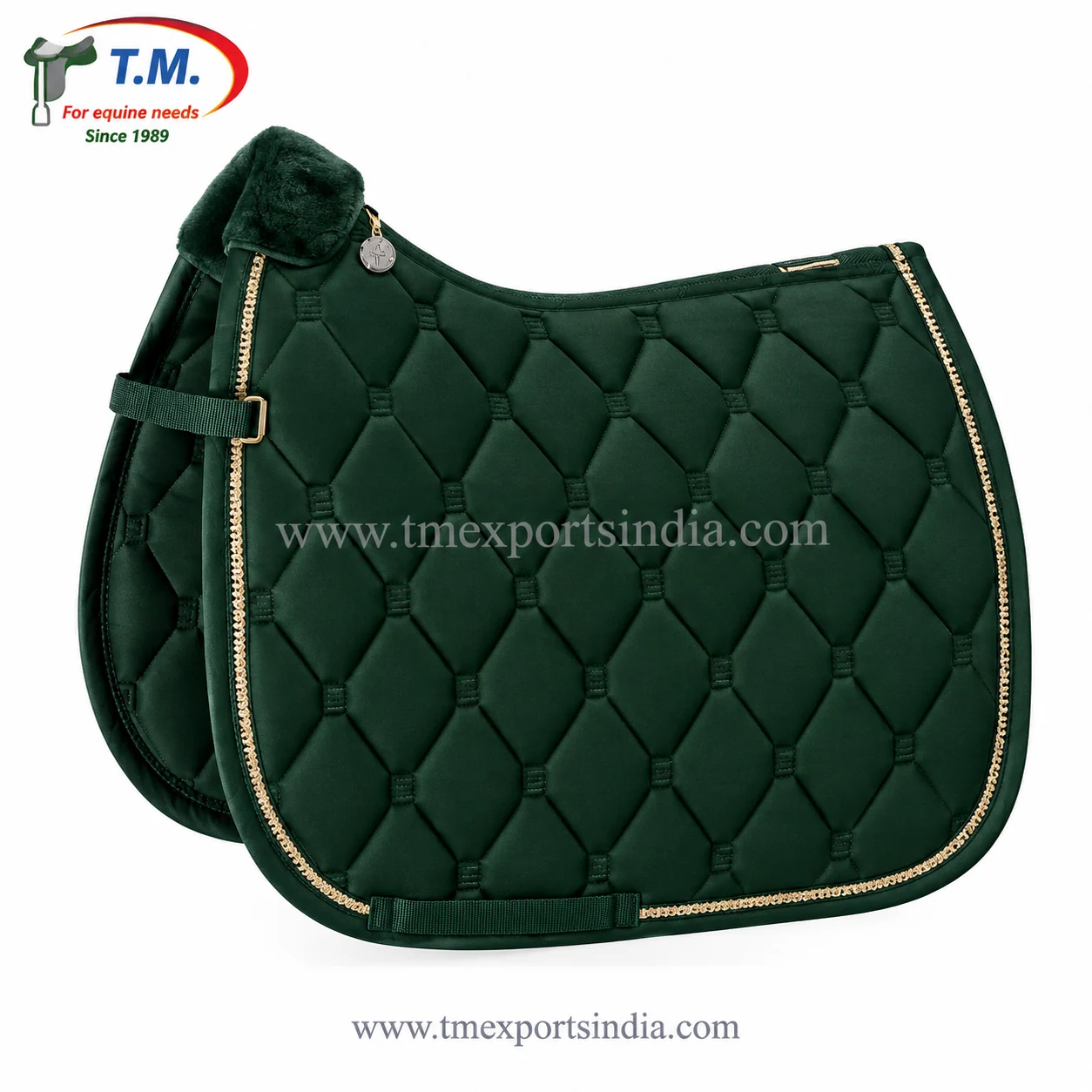 Forest green saddle pad with geometric quilting, gold-colored trim, and a plush detail at the front.