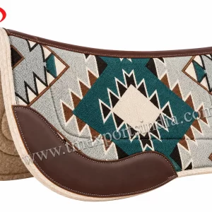 Western saddle pad with turquoise, grey, cream, and brown geometric Southwestern-style pattern and brown reinforcement.