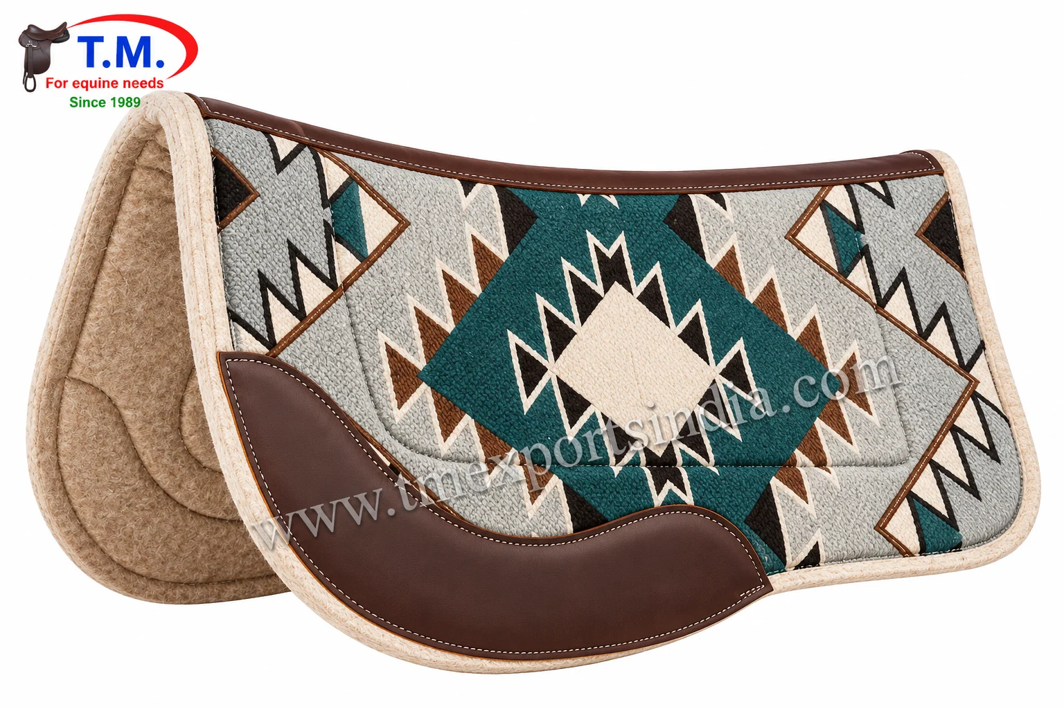Western saddle pad with turquoise, grey, cream, and brown geometric Southwestern-style pattern and brown reinforcement.