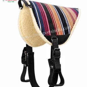 Striped Western-style bareback riding pad with light plush underside and black hanging stirrup straps.