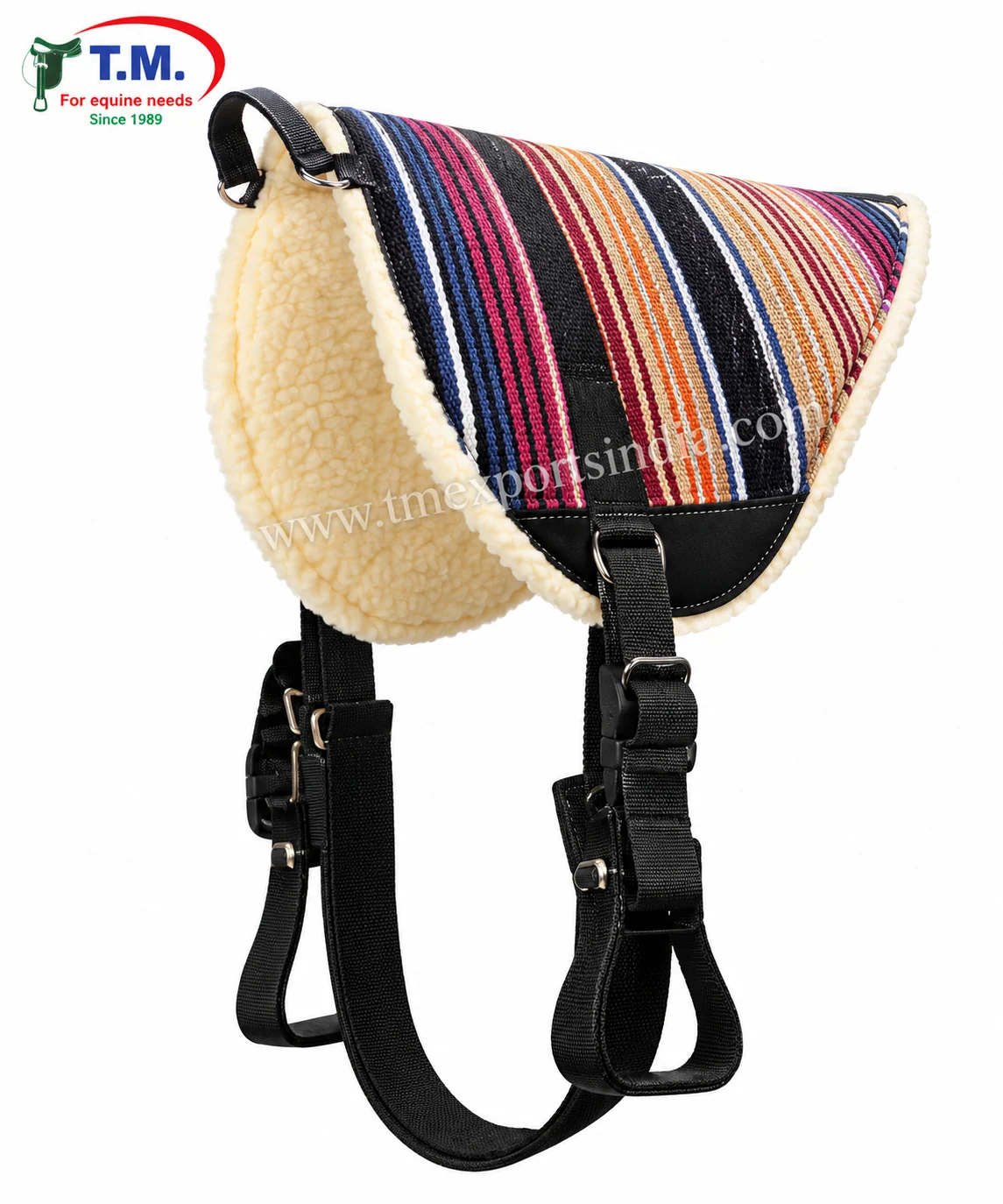 Striped Western-style bareback riding pad with light plush underside and black hanging stirrup straps.