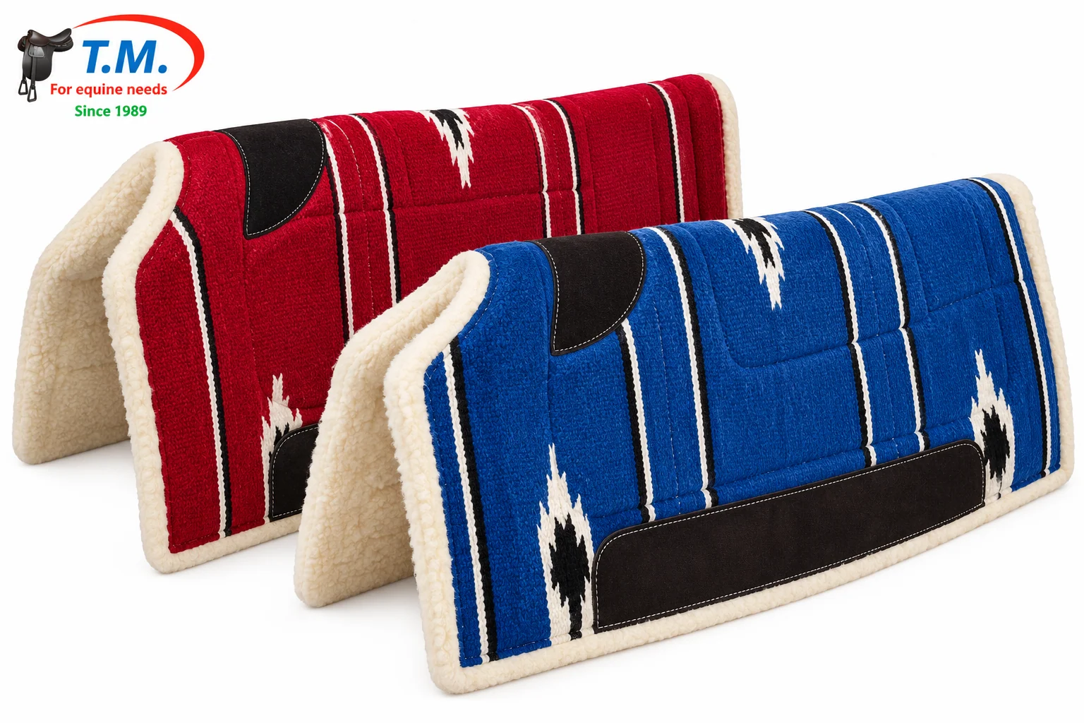 Two Western saddle pads displayed together in red and blue with striped geometric designs and light plush edges.