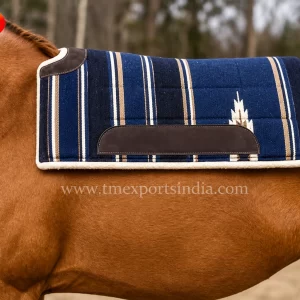 Navy Western saddle pad with cream and tan stripes, shown positioned on a chestnut horse.