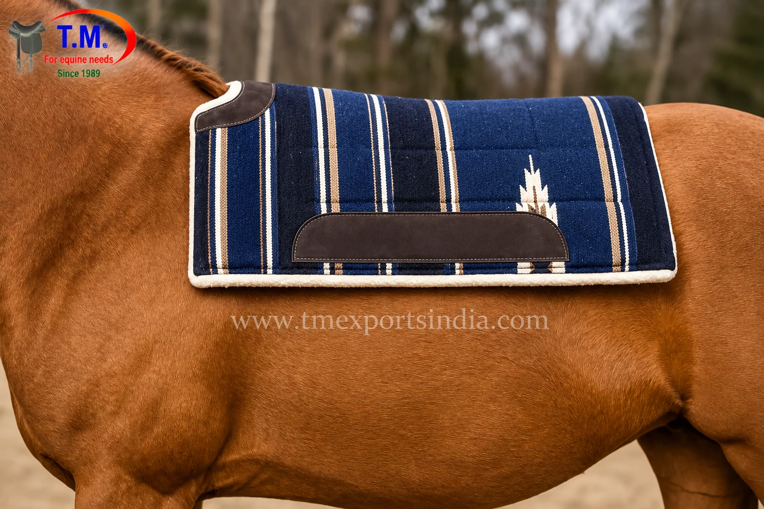 Navy Western saddle pad with cream and tan stripes, shown positioned on a chestnut horse.