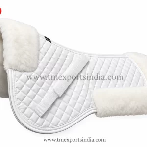White shaped quilted saddle pad with plush front and rear panels and white retaining straps.