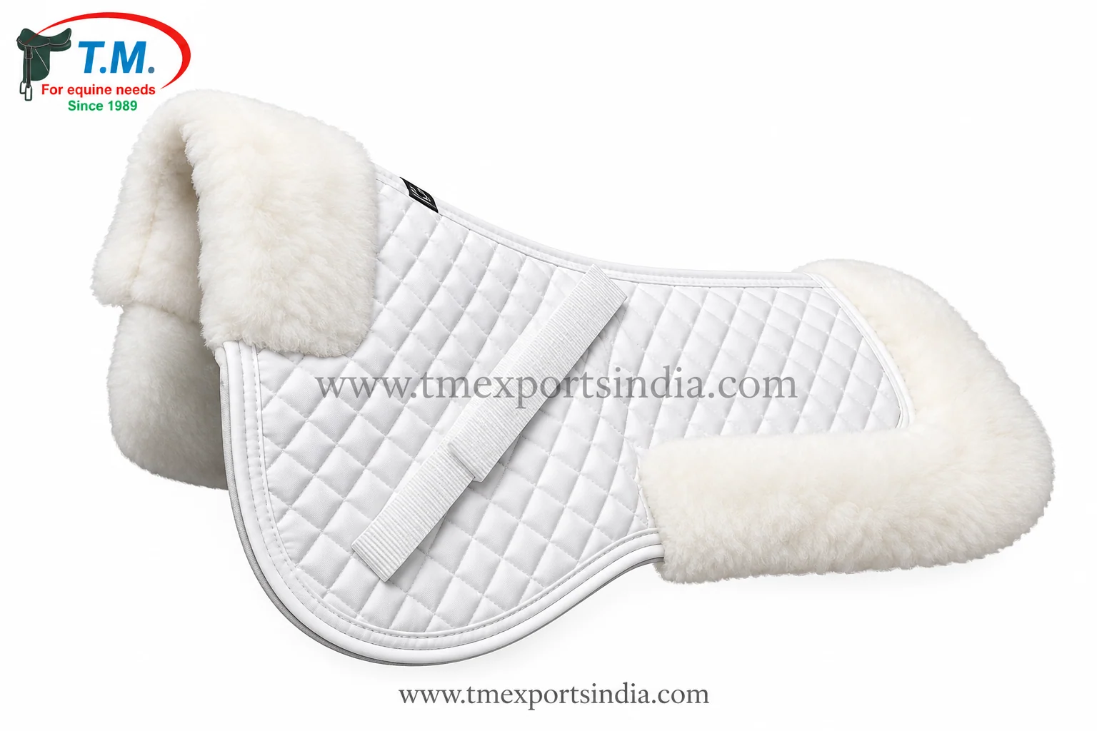 White shaped quilted saddle pad with plush front and rear panels and white retaining straps.