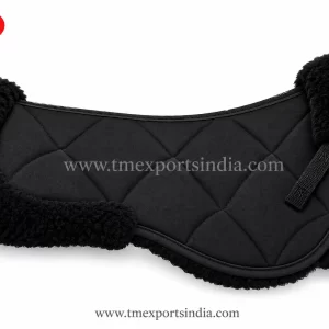 Black contoured saddle pad with large diamond quilting, black plush edge trim, and girth strap.