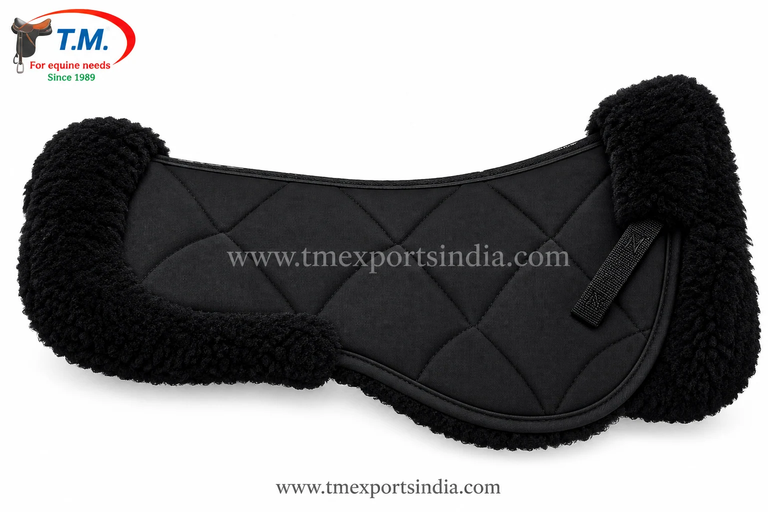 Black contoured saddle pad with large diamond quilting, black plush edge trim, and girth strap.