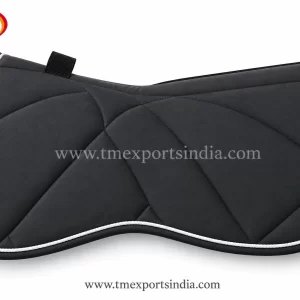 Charcoal saddle pad with contoured outline, large quilted panels, white rope piping, and black binding.
