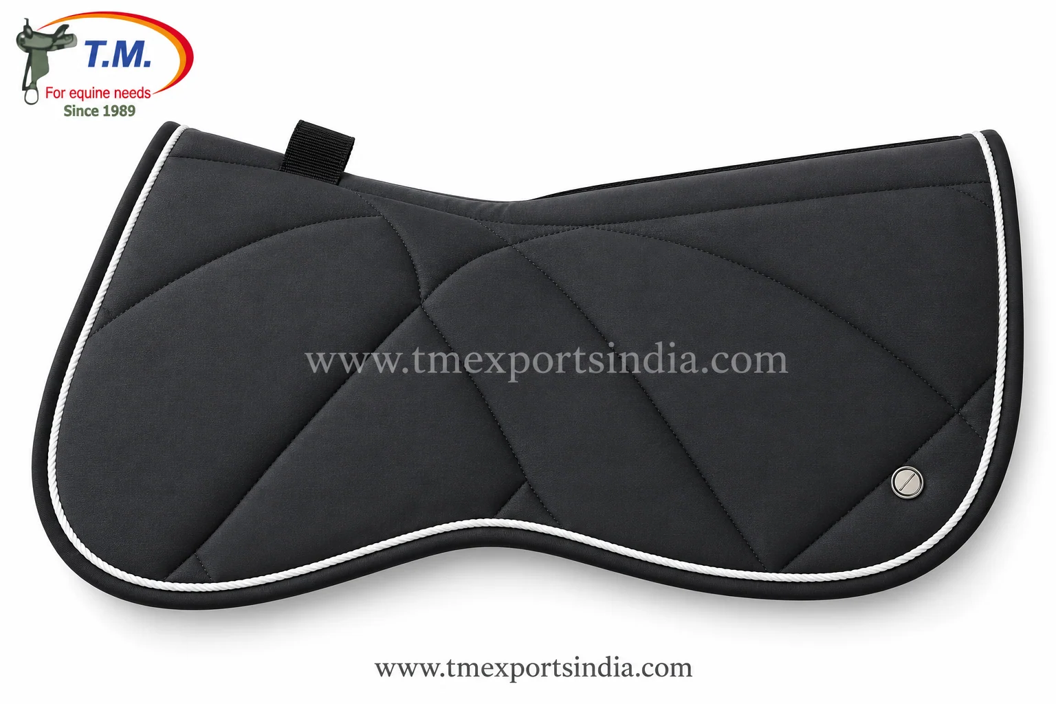 Charcoal saddle pad with contoured outline, large quilted panels, white rope piping, and black binding.