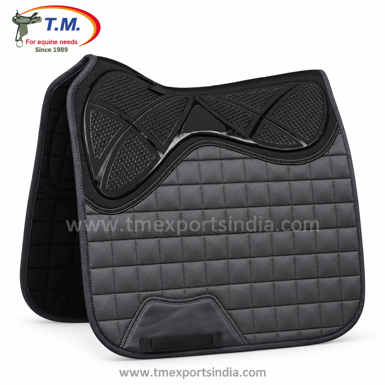 Charcoal grey dressage-cut saddle pad with fine quilting, black geometric textured upper panel, and girth reinforcement.
