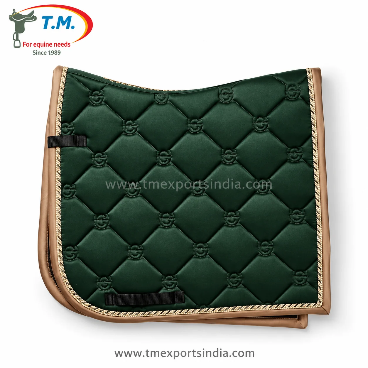 Dark green dressage-cut saddle pad with quilted diamond pattern, tan edging, and gold-colored decorative cord.