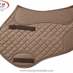 Taupe saddle pad with diamond quilting, perforated-look upper and lower inserts, and retaining straps.
